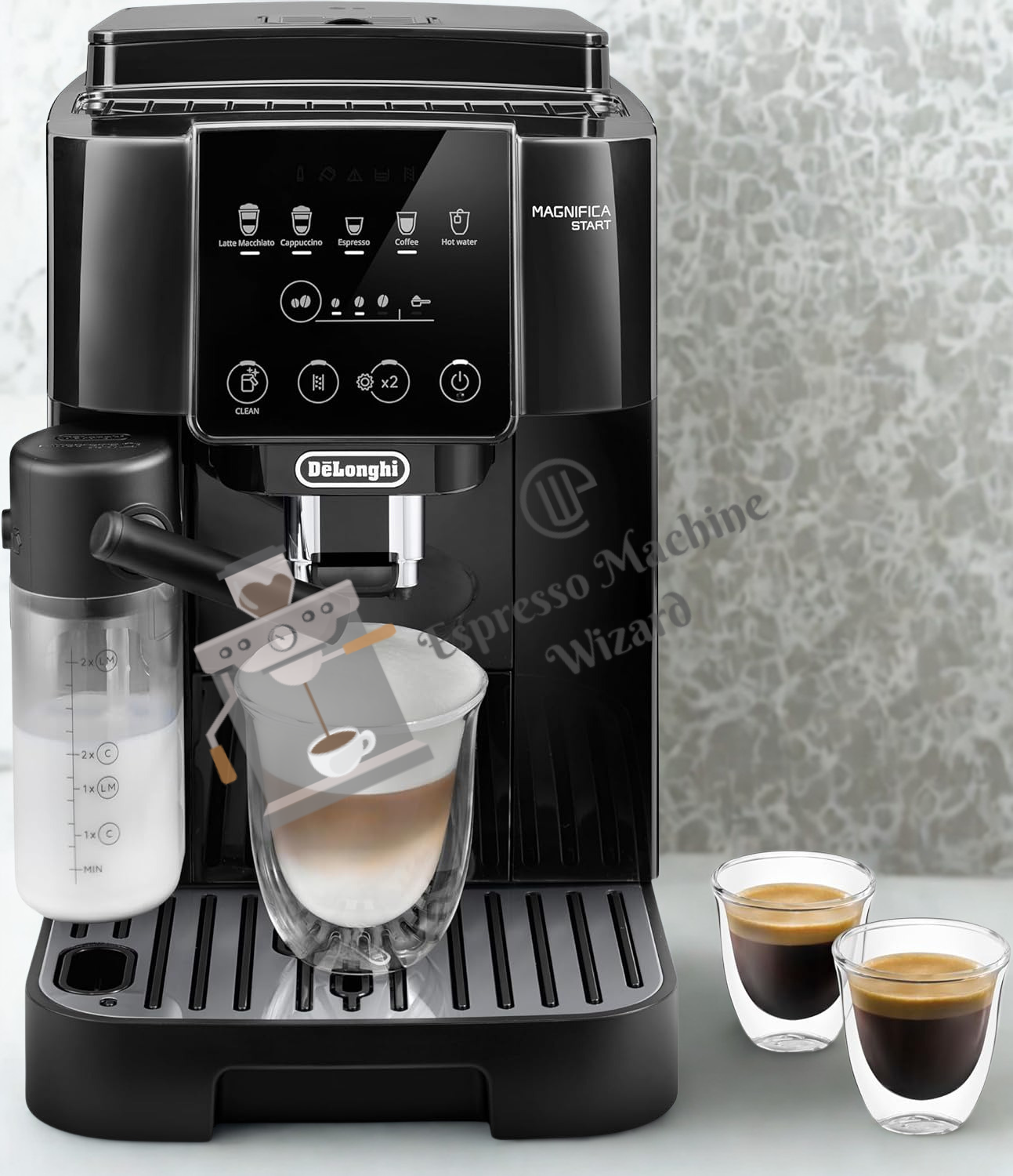 Fresh coffee beans being poured into the De'Longhi Magnifica Start's 13-setting adjustable stainless steel conical burr grinder