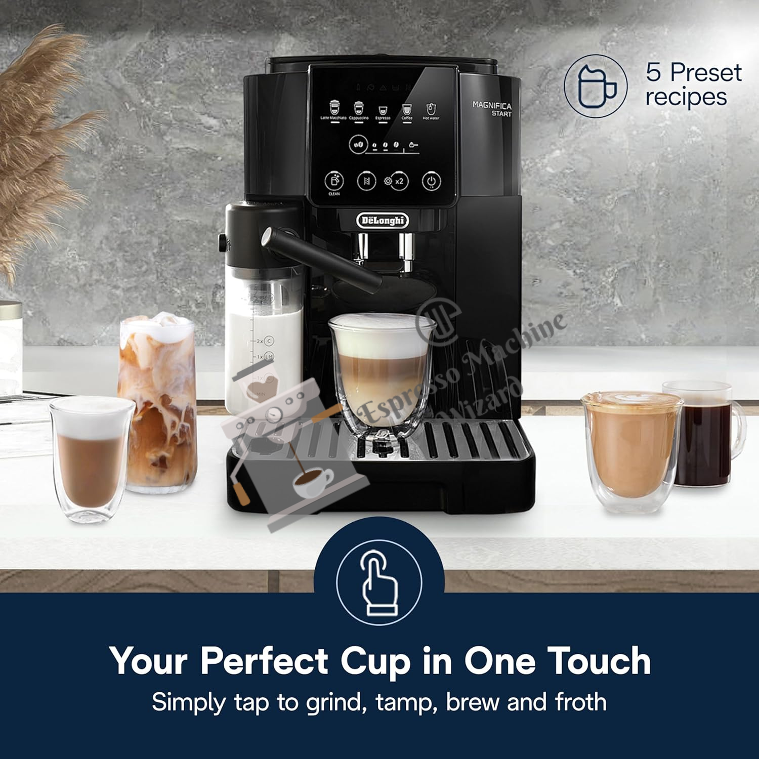 Kevin Marshal demonstrating the De'Longhi Magnifica Start espresso machine features including the grinder and LatteCrema system