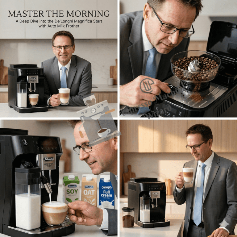 De'Longhi Magnifica Start Automatic Espresso Machine with attached milk carafe and freshly brewed layered coffee